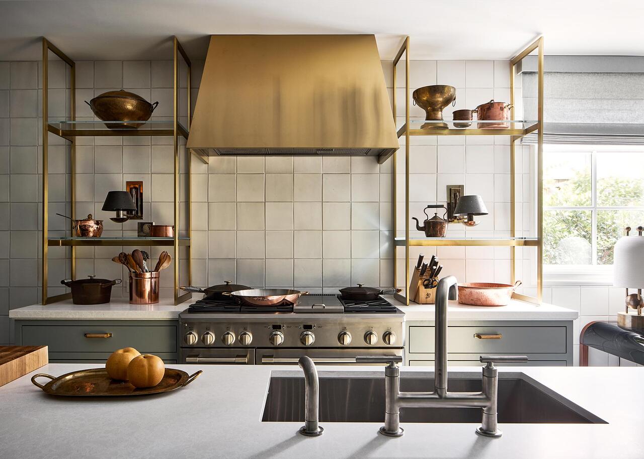 bright modern kitchen with gold accents