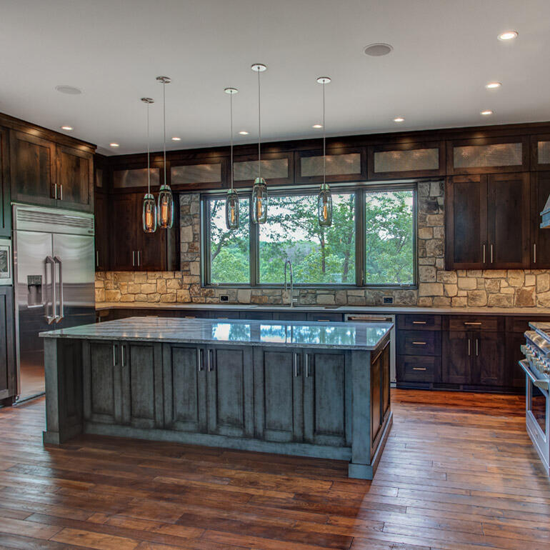 u shaped kitchen with hardwood floor